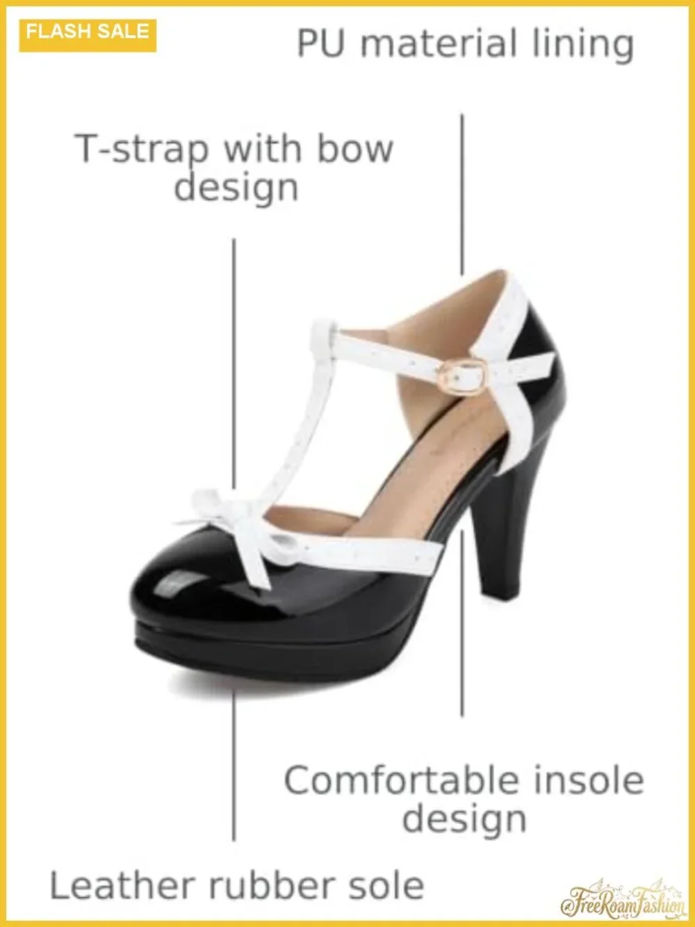 Women's T-Strap High Heel Bow Platform Pumps PU Leather Round Toe